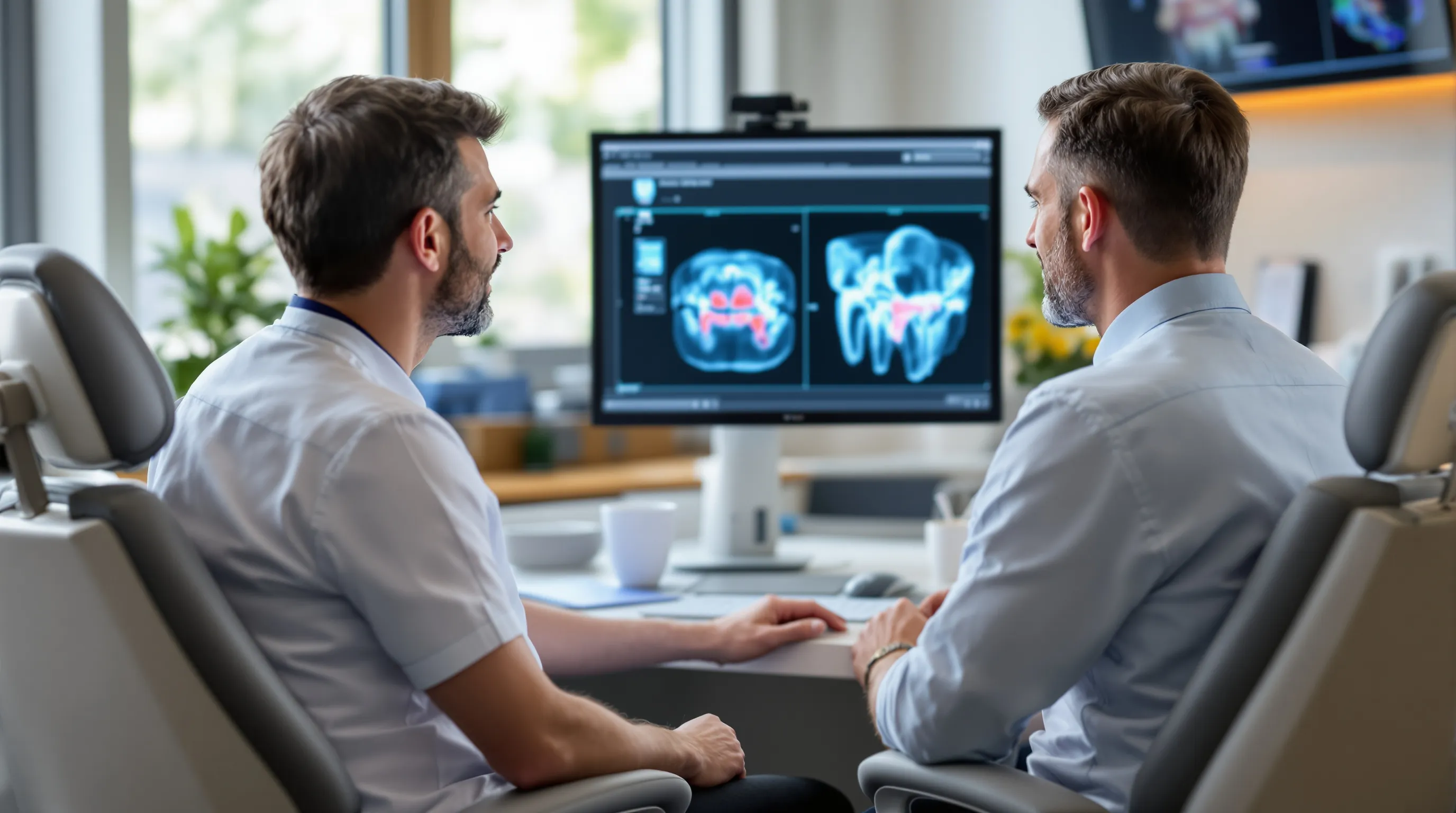 Dentist and patient reviewing a 3D dental scan together in a modern Yardley-area dental office consultation room