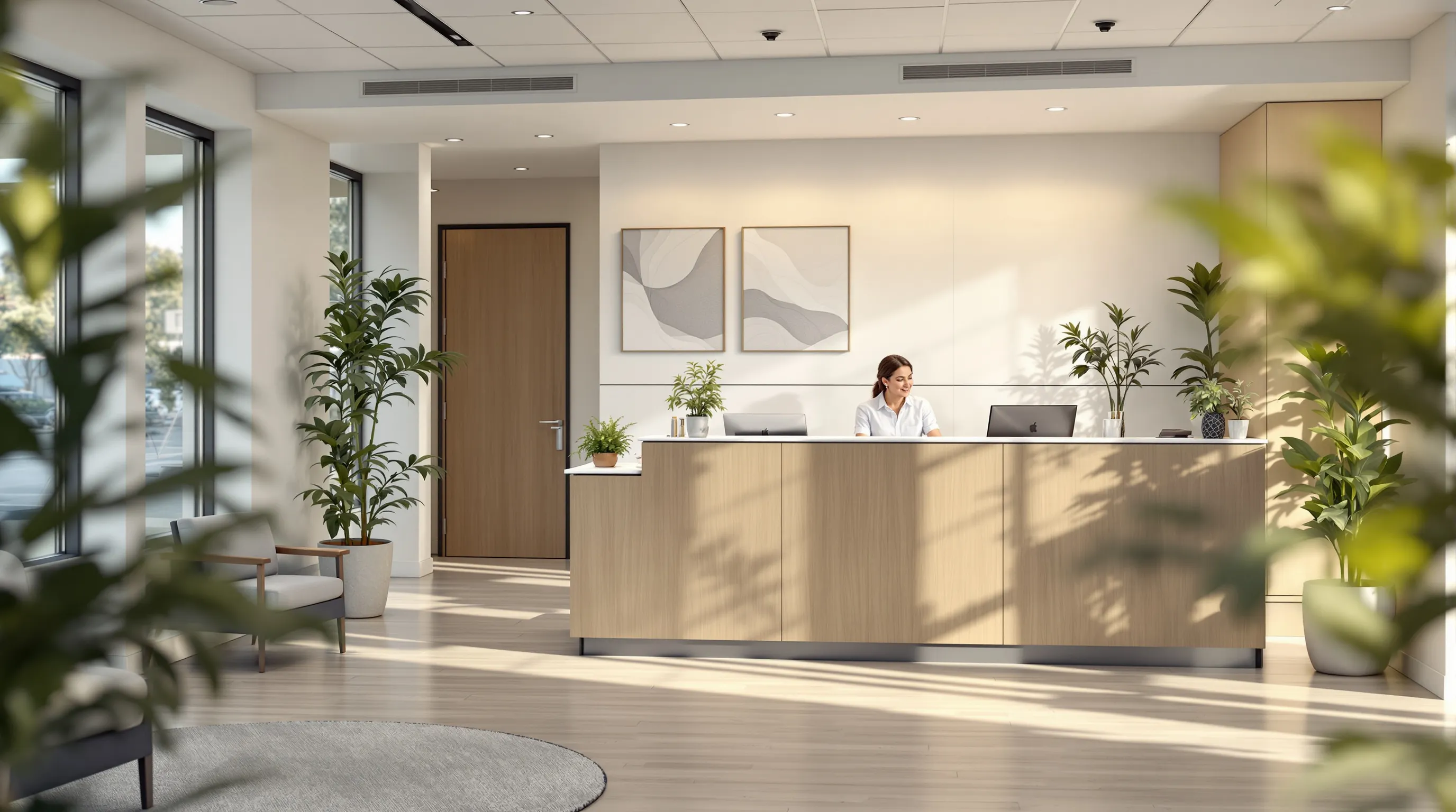 Modern dental practice reception area near Yardley PA - a patient consulting with staff at a bright, welcoming front desk